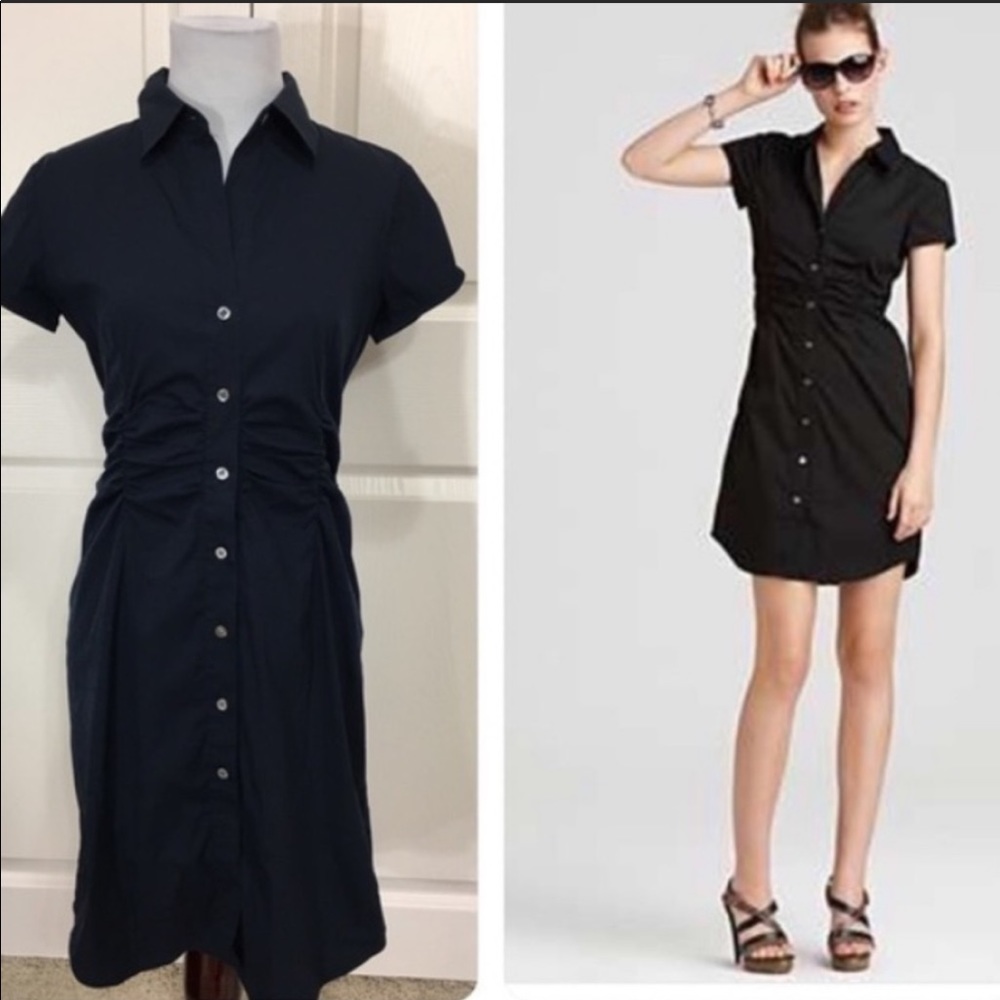 Theory black button up dress with ruched waist detail